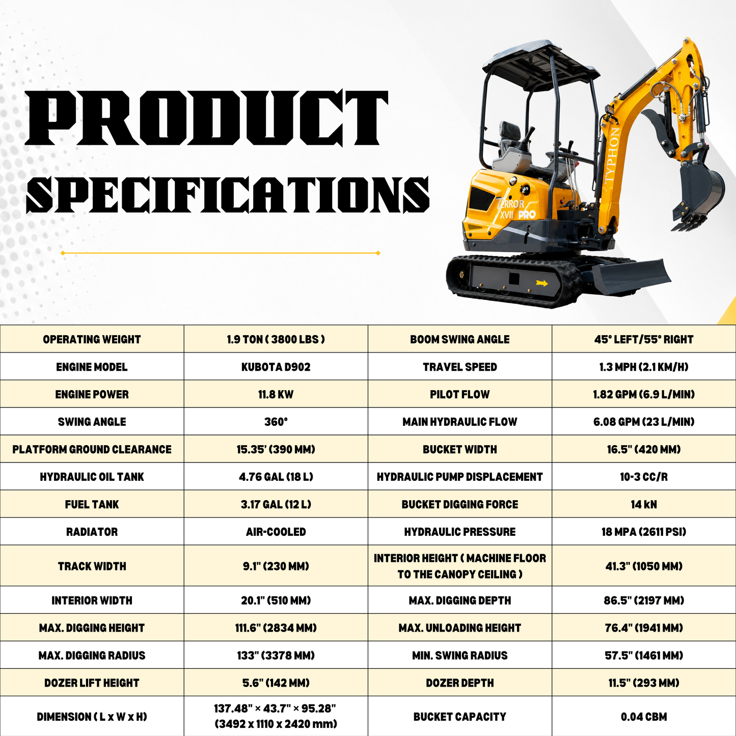 TYPHON TERROR XVII Pro Mini Excavator 14 kN Digging Force Dual Auxiliary Circuits EPA-Certified Kubota D902 Engine