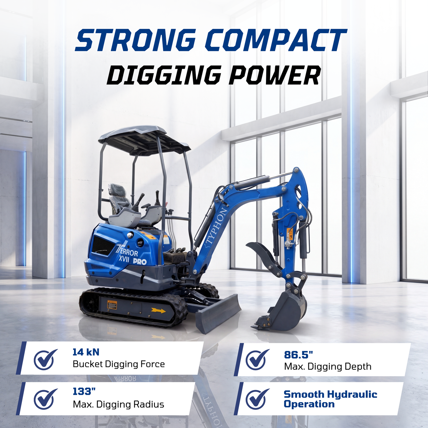 TYPHON TERROR XVII PRO 3800 lb mini excavator Hydraulic System Integrated Oil Cooler EPA-Certified Kubota D902 Engine