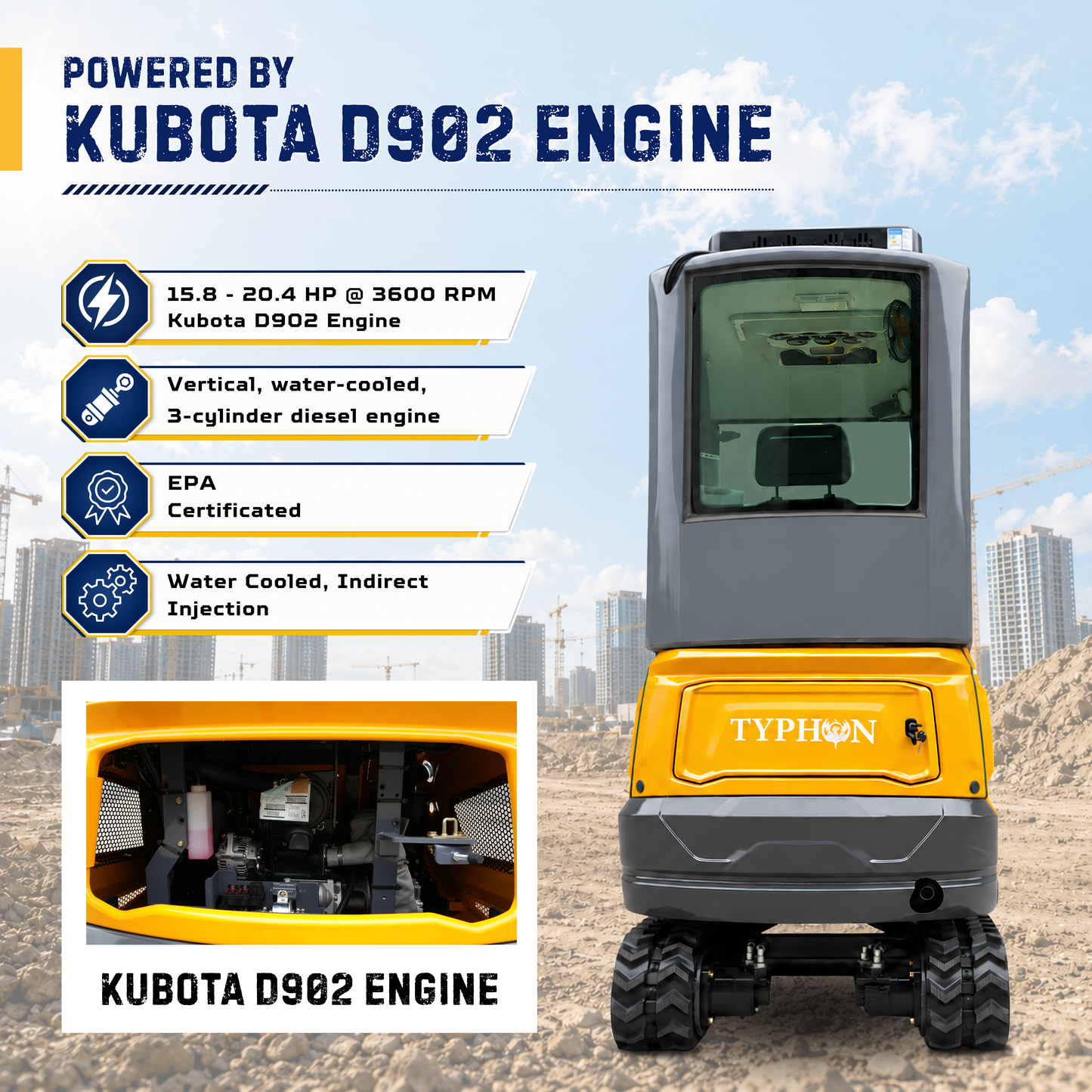 TYPHON TERROR XVII PRO Prestige Edition 4000 lb Mini Excavator Kubota D902 Diesel Engine Boom Swing Retractable Tracks  AC & Heater Hydraulic Thumb