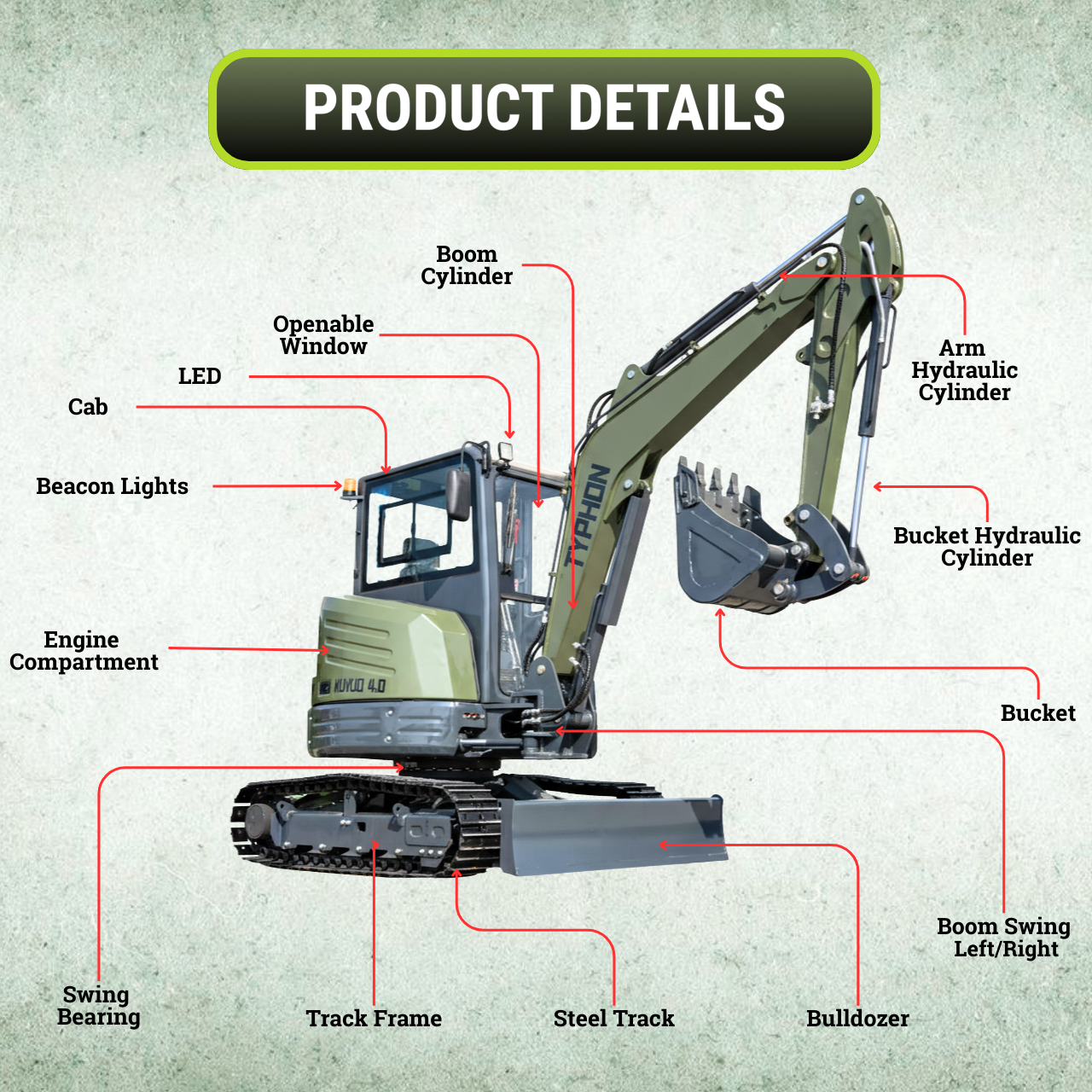 TYPHON KUVOU 4.0 mini excavator Kubota D1703 Diesel engine with 4Ton Operating Weight AC/ Heater