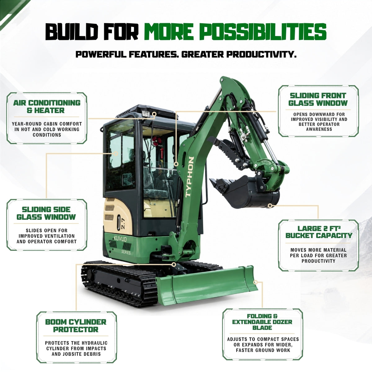TYPHON KUVOU 2.7 - 5,300 lb Mini Excavator with Kubota D1105, Enclosed A/C & Heater Cab, Retractable Metal Tracks & Full Pilot Controls - New Excavator For Sale