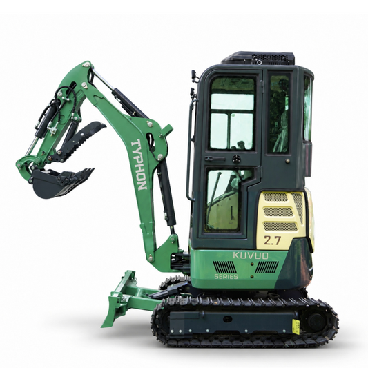 TYPHON KUVOU 2.7 - 5,300 lb Mini Excavator with Kubota D1105, Enclosed A/C & Heater Cab, Retractable Metal Tracks & Full Pilot Controls - New Excavator For Sale
