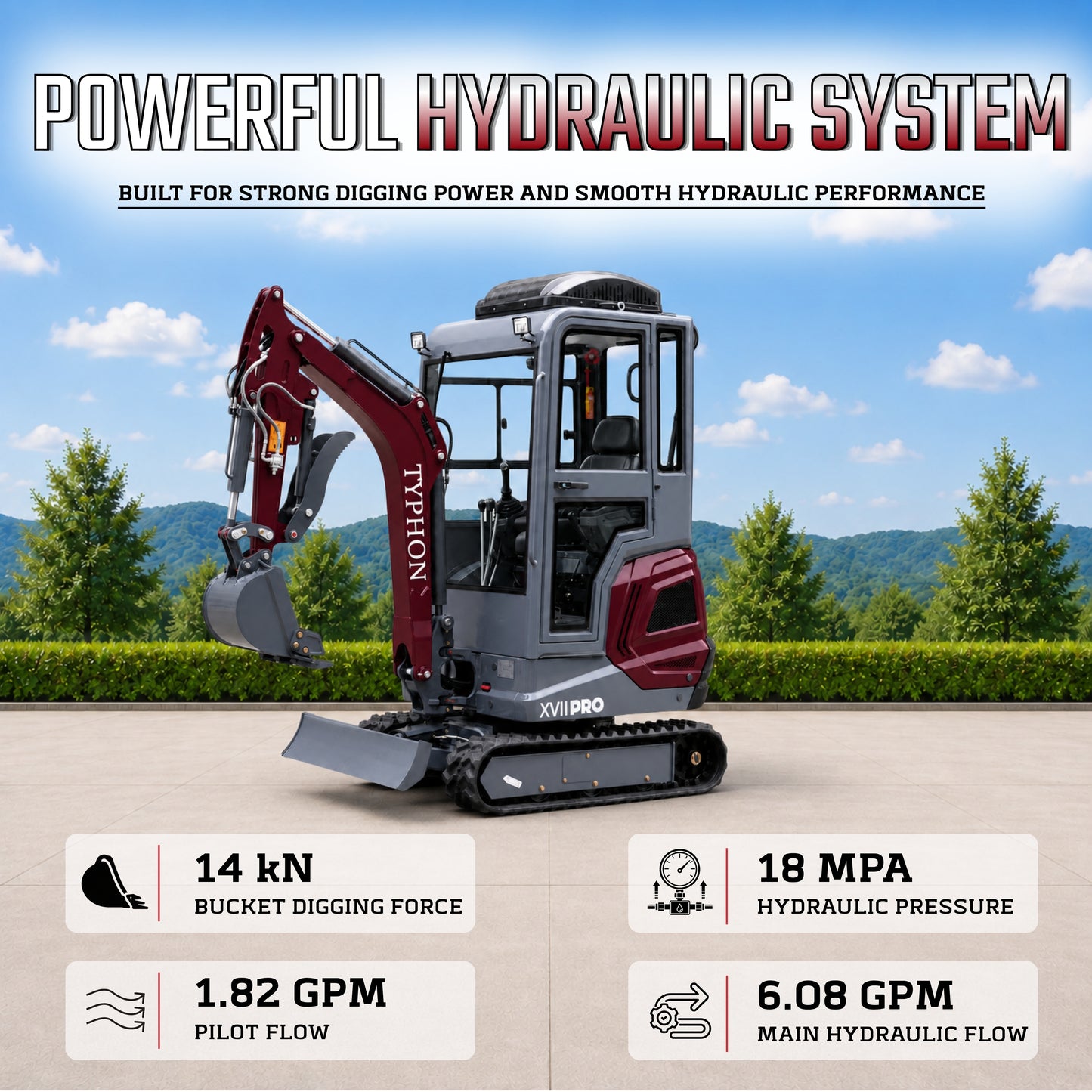 TYPHON TERROR XVII PRO Prestige Mini Excavator  Kubota D902 Diesel Engine  Retractable Rubber Tracks  Swing Boom  Hydraulic Thumb  AC & Heater