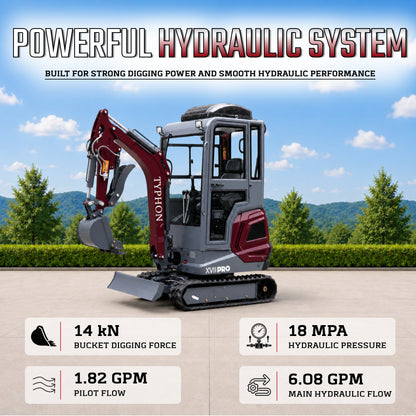 TYPHON TERROR XVII PRO Prestige Mini Excavator  Kubota D902 Diesel Engine  Retractable Rubber Tracks  Swing Boom  Hydraulic Thumb  AC & Heater