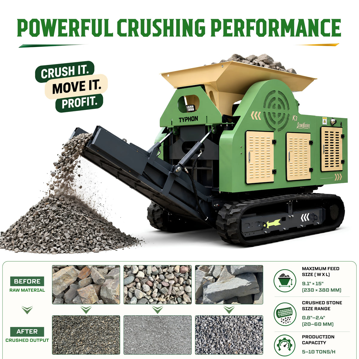TYPHON STONEKRUSHER K3 Compact Tracked Jaw Crusher – 24.8HP Kubota Diesel  KONSTRUCTZ Series
