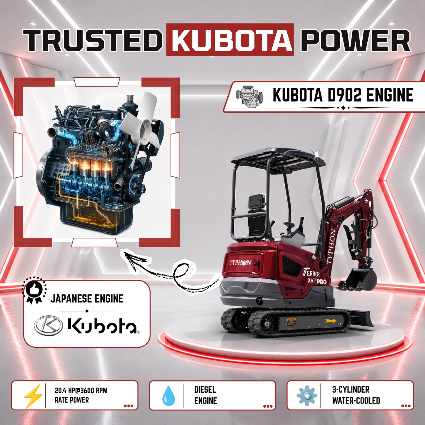 YPHON TERROR XVII PRO Mini Excavator. Powered by a Kubota D902 engine, featuring dual auxiliary hydraulics, 86-inch diging depth, and a hydraulic thumb. Free Shipping.