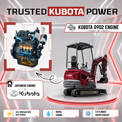 YPHON TERROR XVII PRO Mini Excavator. Powered by a Kubota D902 engine, featuring dual auxiliary hydraulics, 86-inch diging depth, and a hydraulic thumb. Free Shipping.