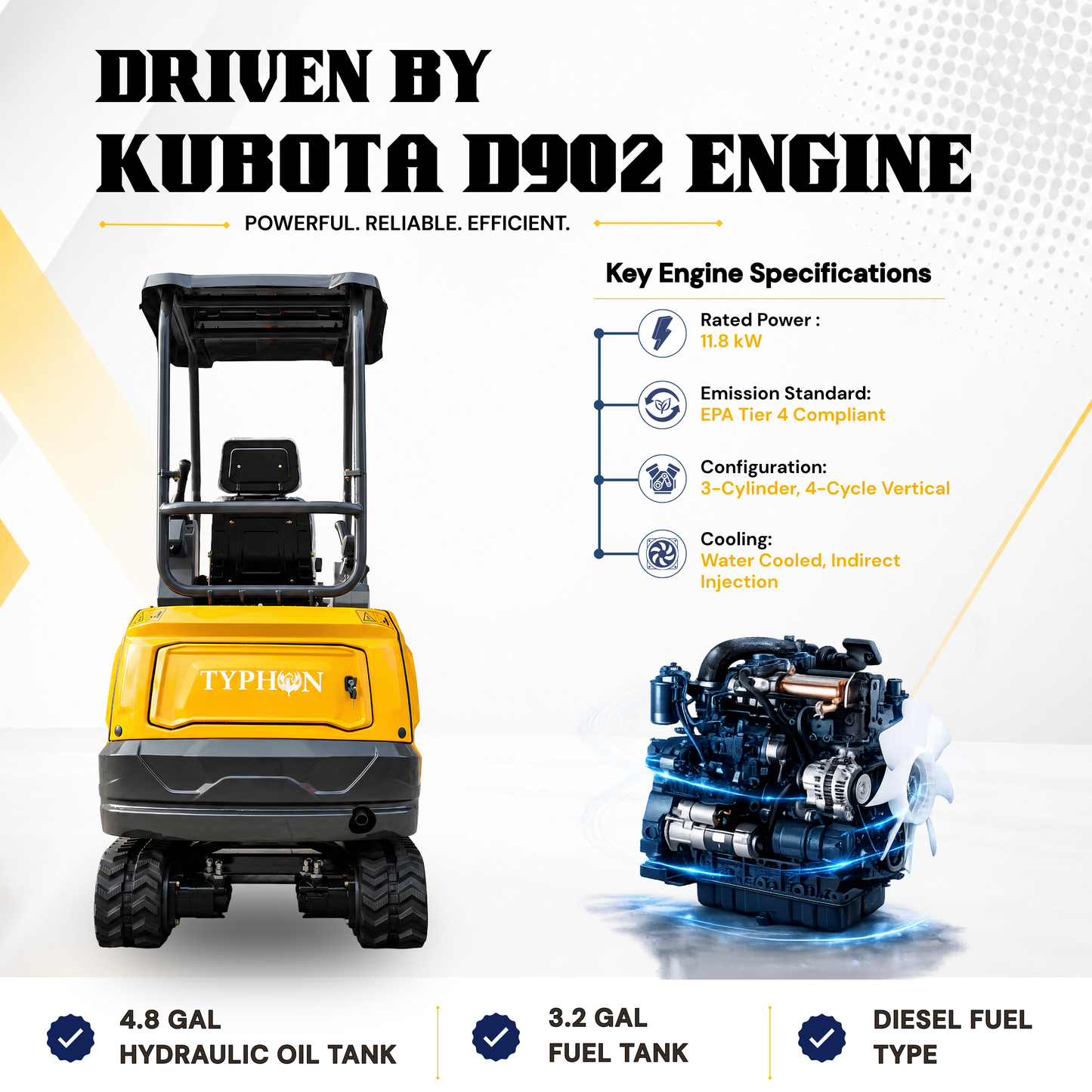 TYPHON TERROR XVII Pro Mini Excavator 14 kN Digging Force Dual Auxiliary Circuits EPA-Certified Kubota D902 Engine