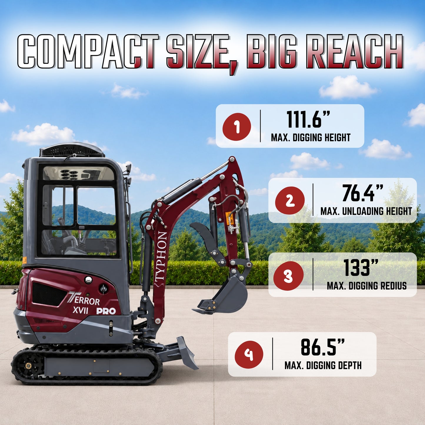 TYPHON TERROR XVII PRO Prestige Mini Excavator  Kubota D902 Diesel Engine  Retractable Rubber Tracks  Swing Boom  Hydraulic Thumb  AC & Heater