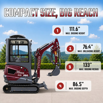 TYPHON TERROR XVII PRO Prestige Mini Excavator  Kubota D902 Diesel Engine  Retractable Rubber Tracks  Swing Boom  Hydraulic Thumb  AC & Heater
