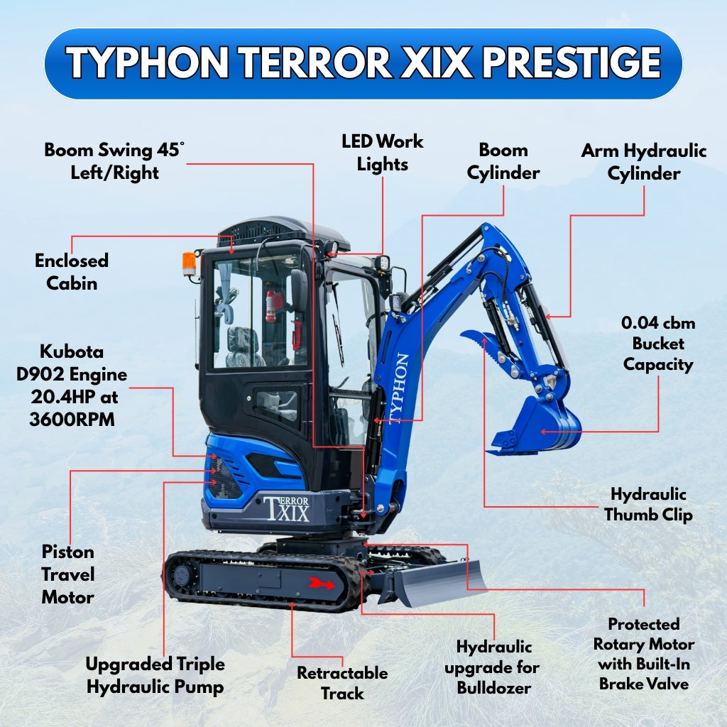 TYPHON TERROR XIX Prestige, 20.4 HP Kubota D902 4200lbs Mini Excavator with Boom Swing, Retractable Tracks, and AC/Heater Cabin - New Excavator For Sale
