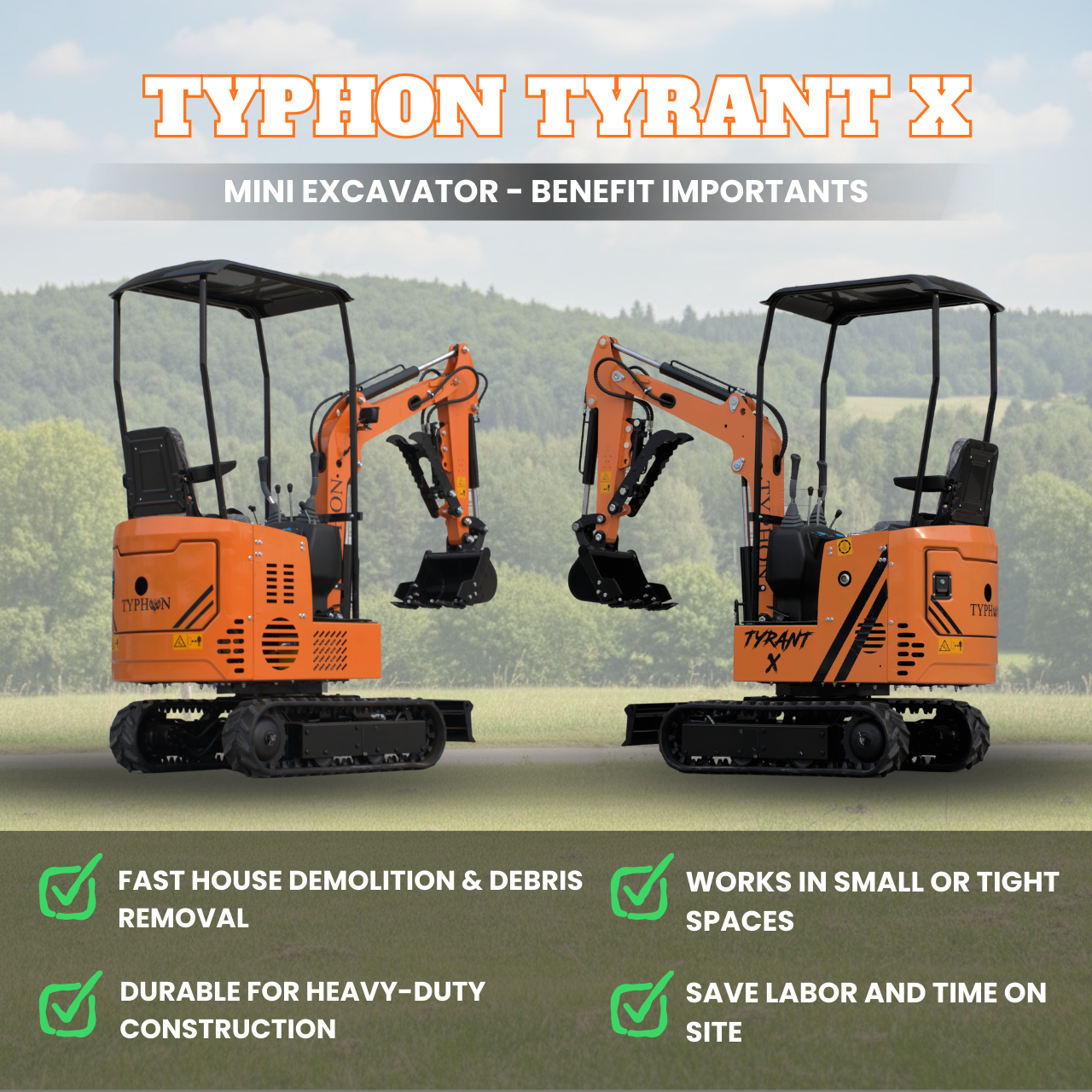 TYPHON TYRANT X 1-Ton Mini Excavator 13.5HP Briggs & Stratton Engine, Hydraulic Thumb Clip, Dozer Blade, 360° Body Swing - New Excavator For Sale
