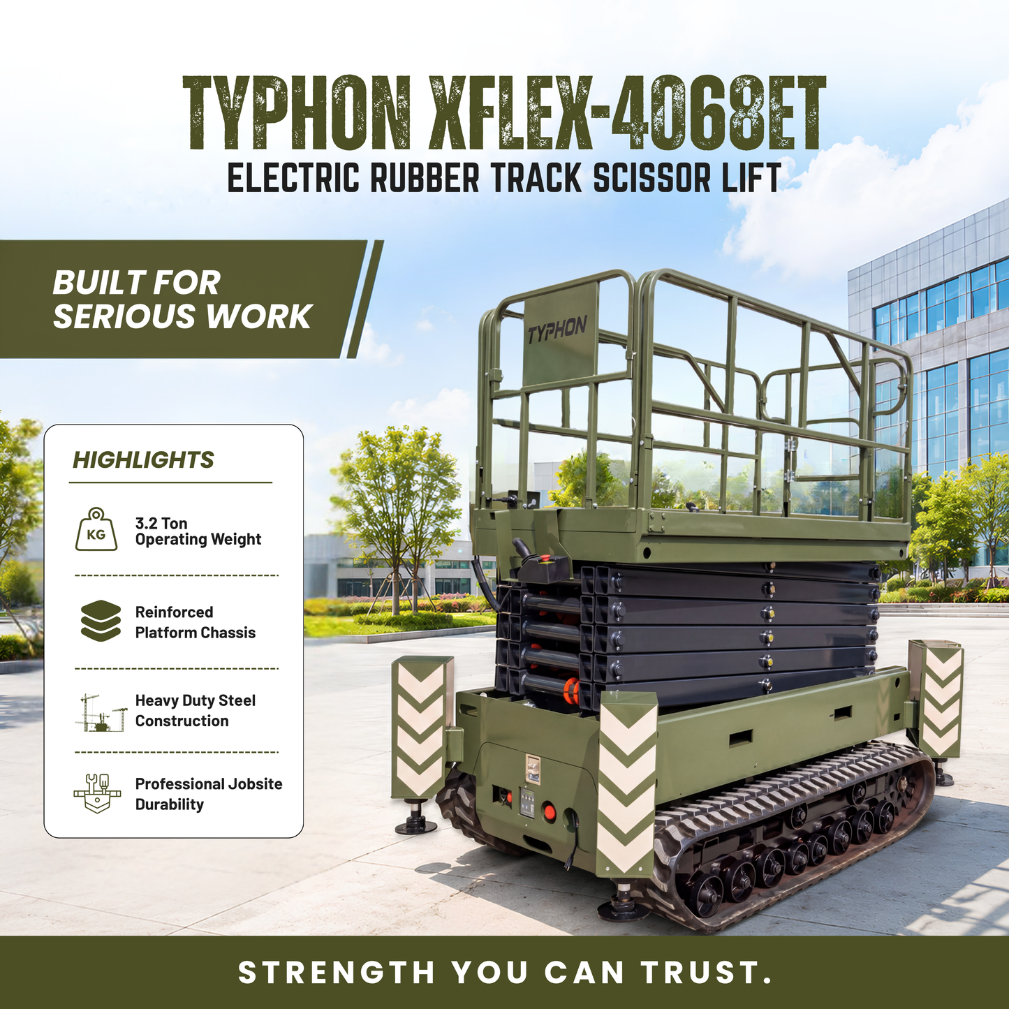 TYPHON xFlex-4068ET 3.2 Ton Electric Rubber Track Scissor Lift&nbsp; 40 ft Max Platform Height&nbsp; 5.4HP Hydraulic Pump Motor 35-Inch Platform Extension