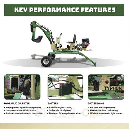 TYPHON Spider One Mini Excavator - EPA Certified Honda GX390, 360° Rotation, Towable