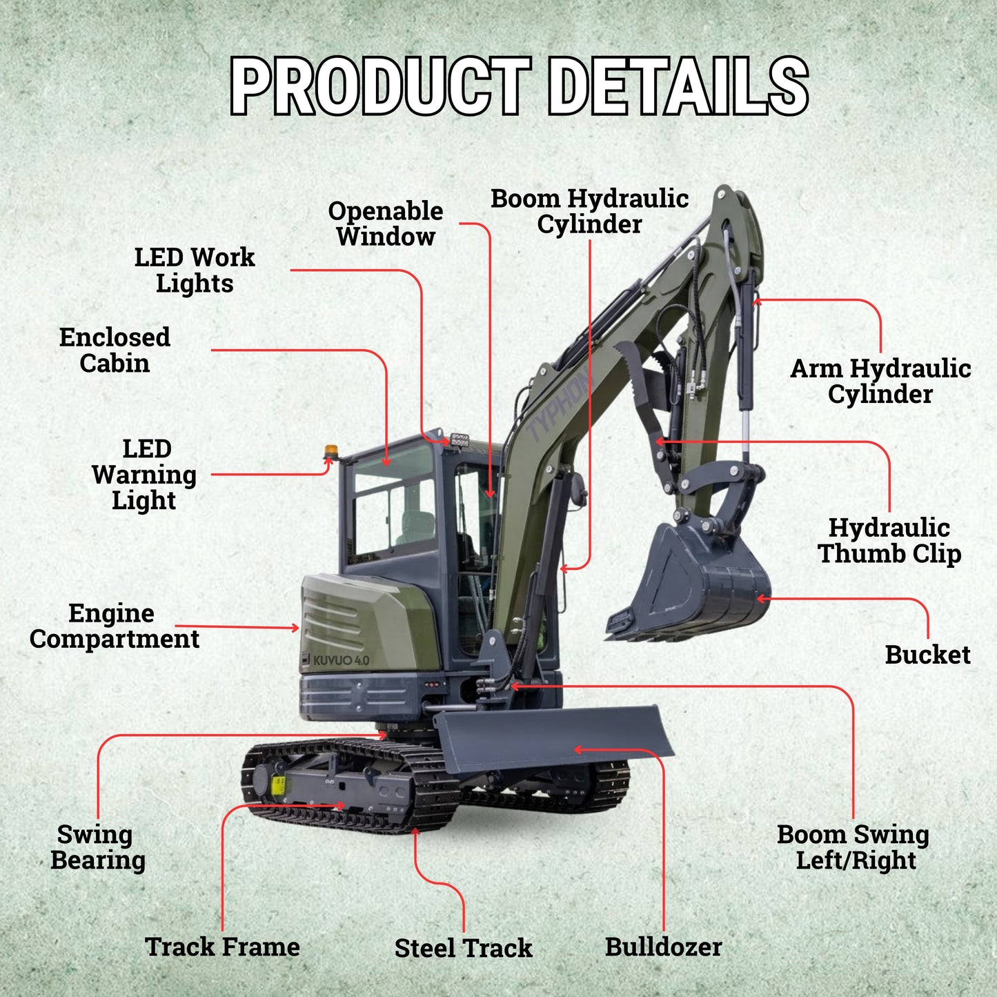 TYPHON KUVOU 4.0 mini excavator Kubota D1703 Diesel engine with 4Ton Operating Weight AC/ Heater - New Excavator For Sale