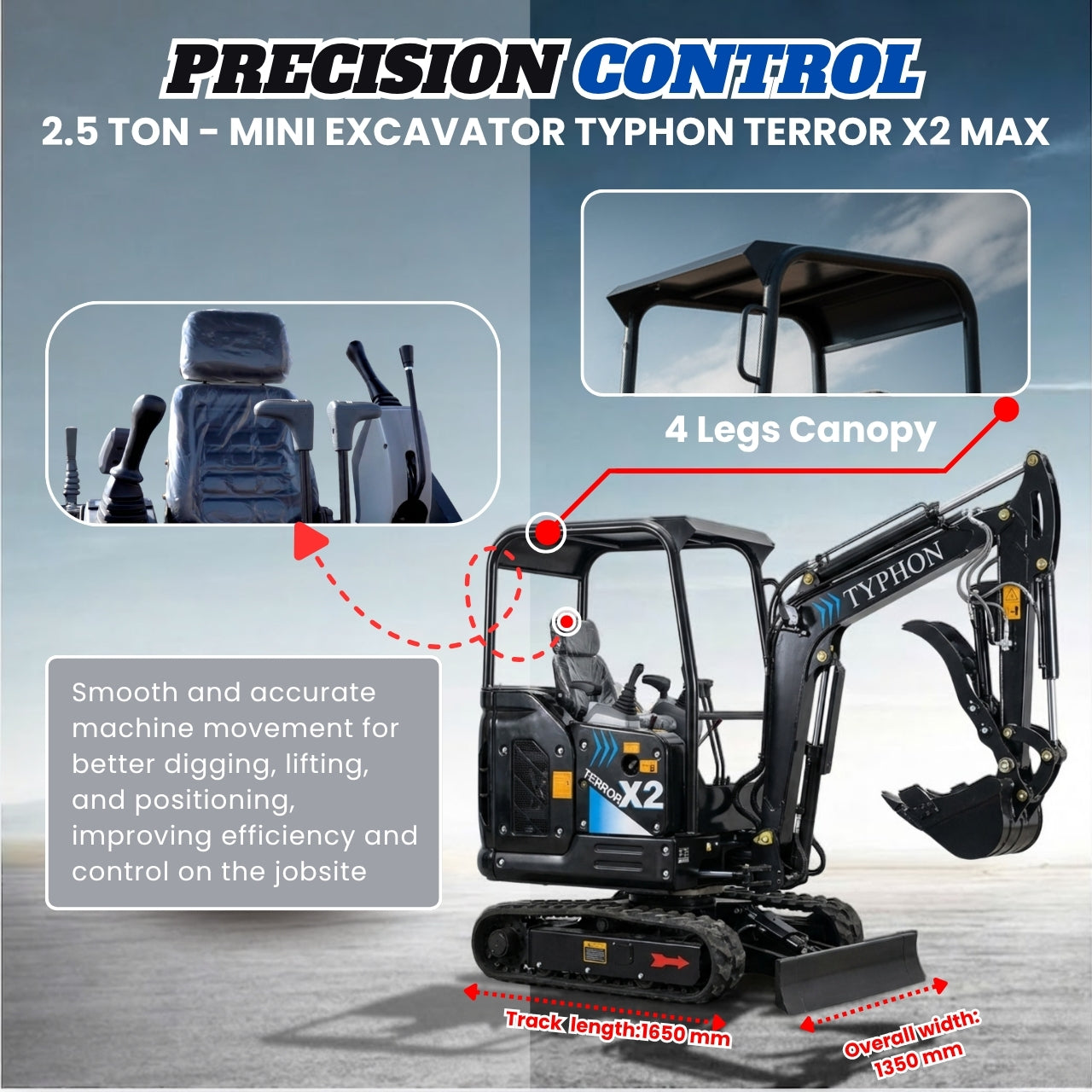 TYPHON TERROR X2 MAX 2.5Ton Mini Excavator&nbsp; Yanmar Engine, Hydraulic Oil-Cooled, Boom Swing, Retractable Tracks - New Excavator For Sale