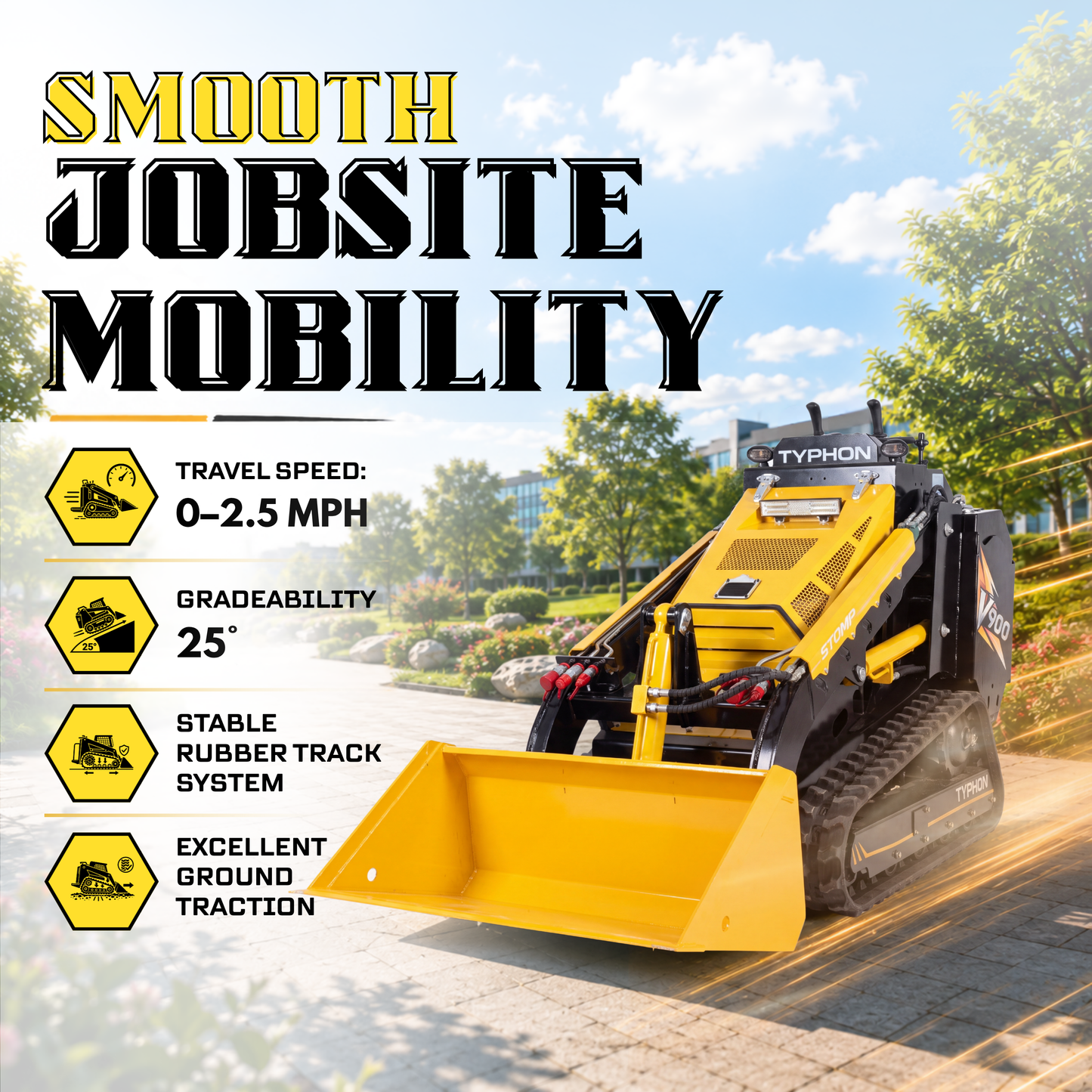 Typhon Stomp V900 Mini Track Loader  Kubota D1105 25HP Diesel  Stand-On Skid Steer Dual Aux Hydraulics  EPA Stage V
