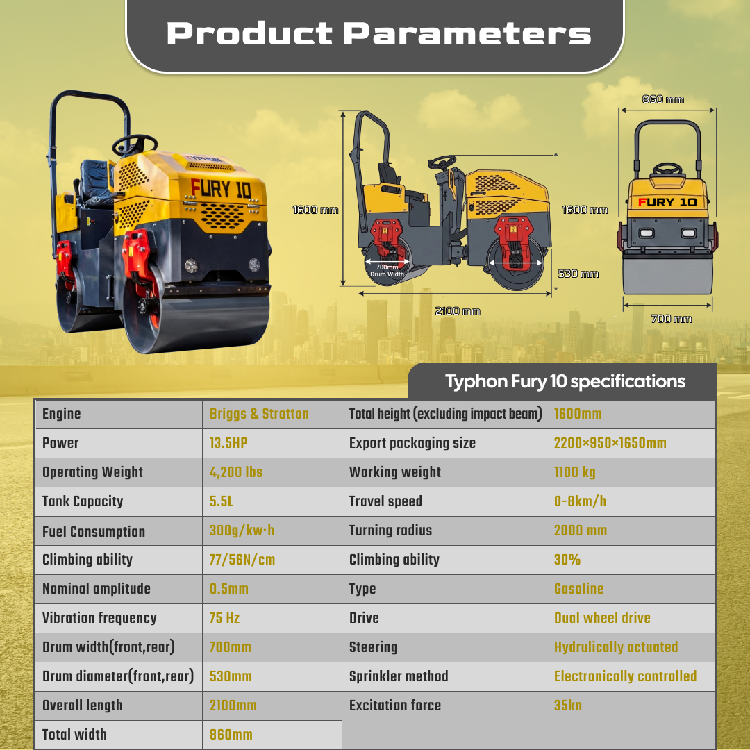 TYPHON Road Roller 10 – 1 Ton, 13.5 HP Briggs & Stratton, Hydraulic Drive, One-Key Vibration