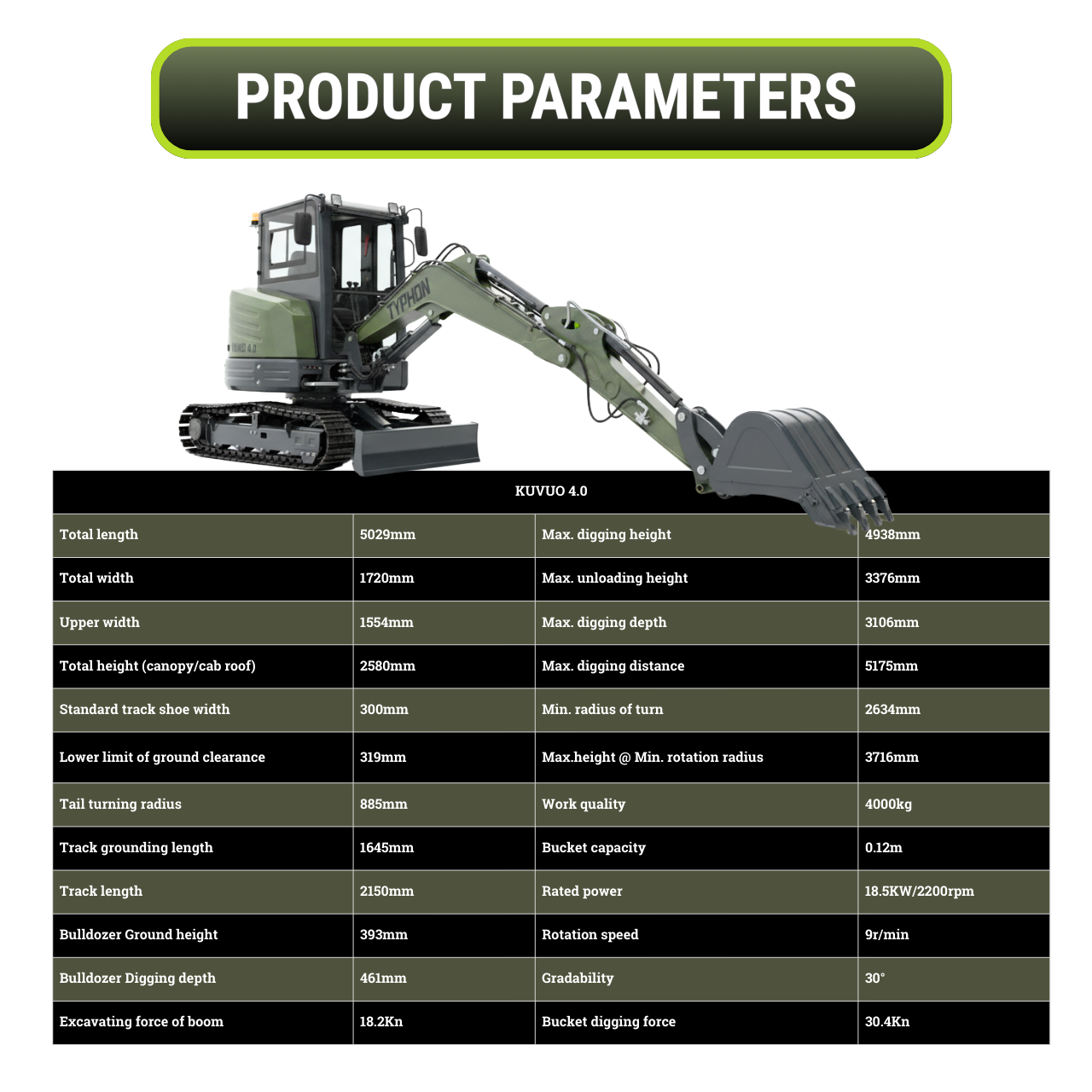 TYPHON KUVOU 4.0 mini excavator Kubota D1703 Diesel engine with 4Ton Operating Weight AC/ Heater