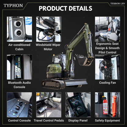TYPHON TERROR LXV 6.6 Ton Mini Excavator Kubota V2607 56.9HP AC/Heater Cabin Boom Swing Two Speed Travel 0.23m³ Bucket  Heavy Duty Construction Machine