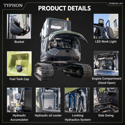 TYPHON TERROR LXV 6.6 Ton Mini Excavator Kubota V2607 56.9HP AC/Heater Cabin Boom Swing Two Speed Travel 0.23m³ Bucket  Heavy Duty Construction Machine