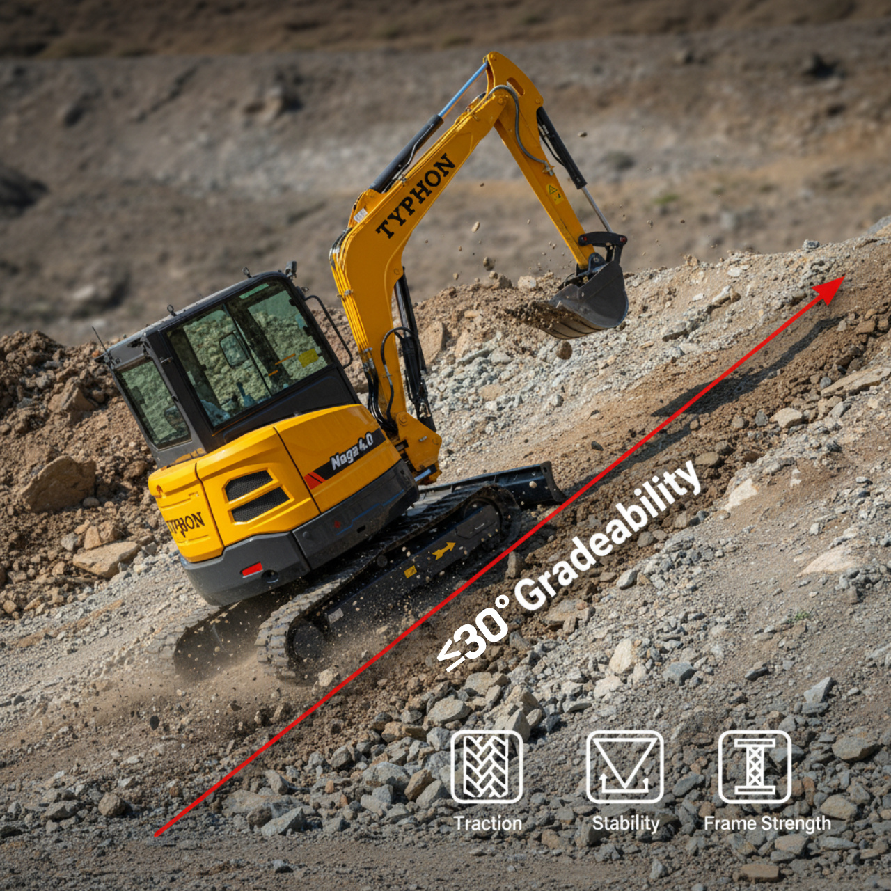 TYPHON NAGA 4.0 Mini Excavator 4-Ton Class with YANMAR 3TNV88F Engine, Zero Tail Swing, High Breakout Force, Advanced Hydraulics & Operator-Friendly Cabin