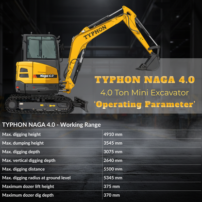 TYPHON NAGA 4.0 Mini Excavator 4-Ton Class with YANMAR 3TNV88F Engine, Zero Tail Swing, High Breakout Force, Advanced Hydraulics & Operator-Friendly Cabin
