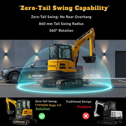 TYPHON NAGA 4.0 Mini Excavator 4-Ton Class with YANMAR 3TNV88F Engine, Zero Tail Swing, High Breakout Force, Advanced Hydraulics & Operator-Friendly Cabin