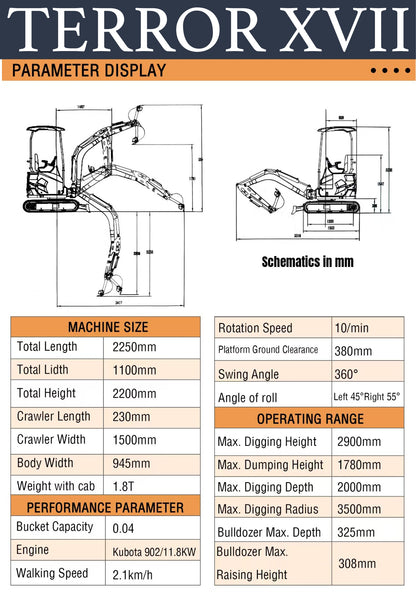 2025 4000 lb TYPHON TERROR XVII Cabin Mini Excavator Rubber Track with Kubota D902 Diesel Engine