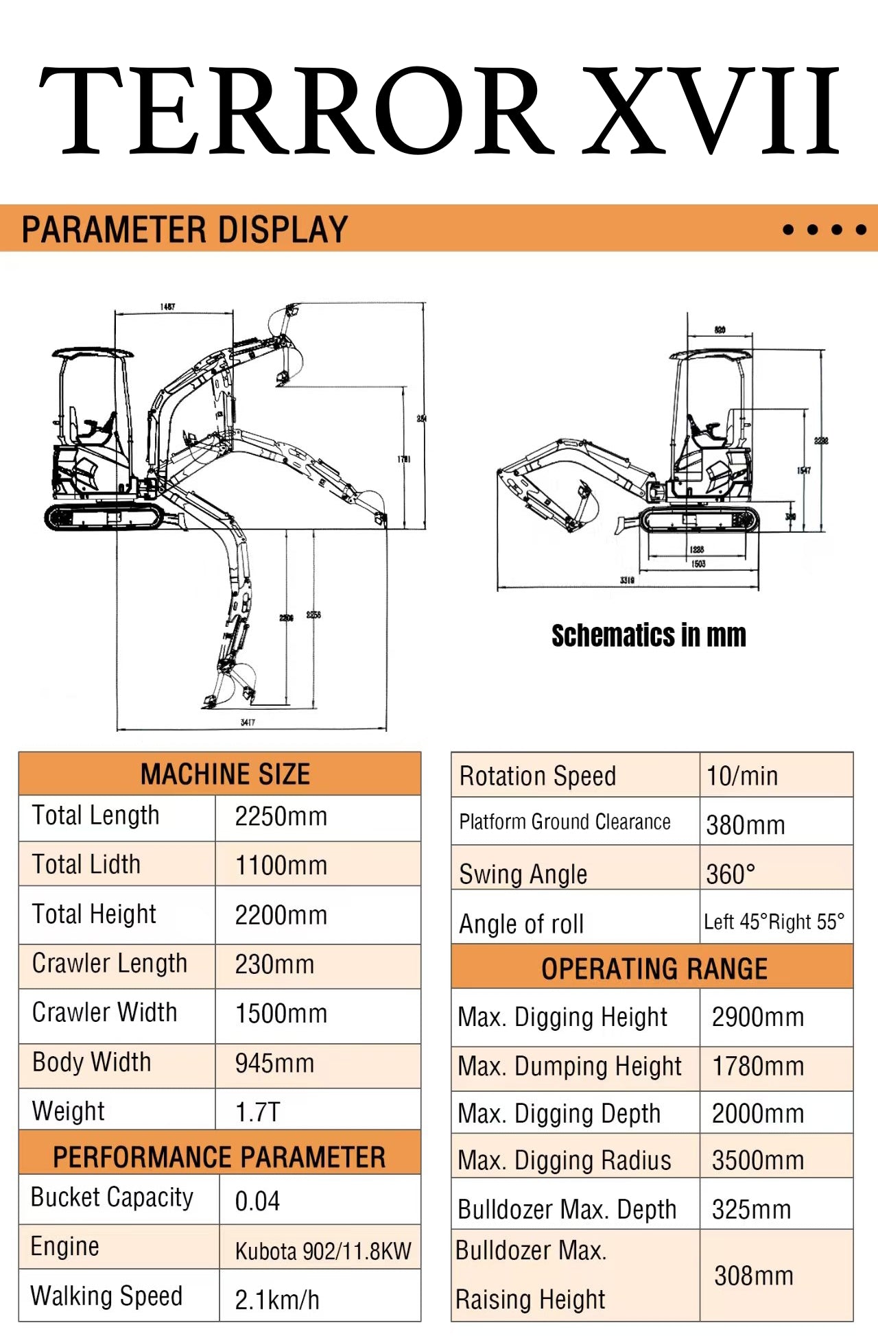 2025 3800 lb TYPHON TERROR XVII Mini Excavator Rubber Track with Kubota D902 Diesel Engine