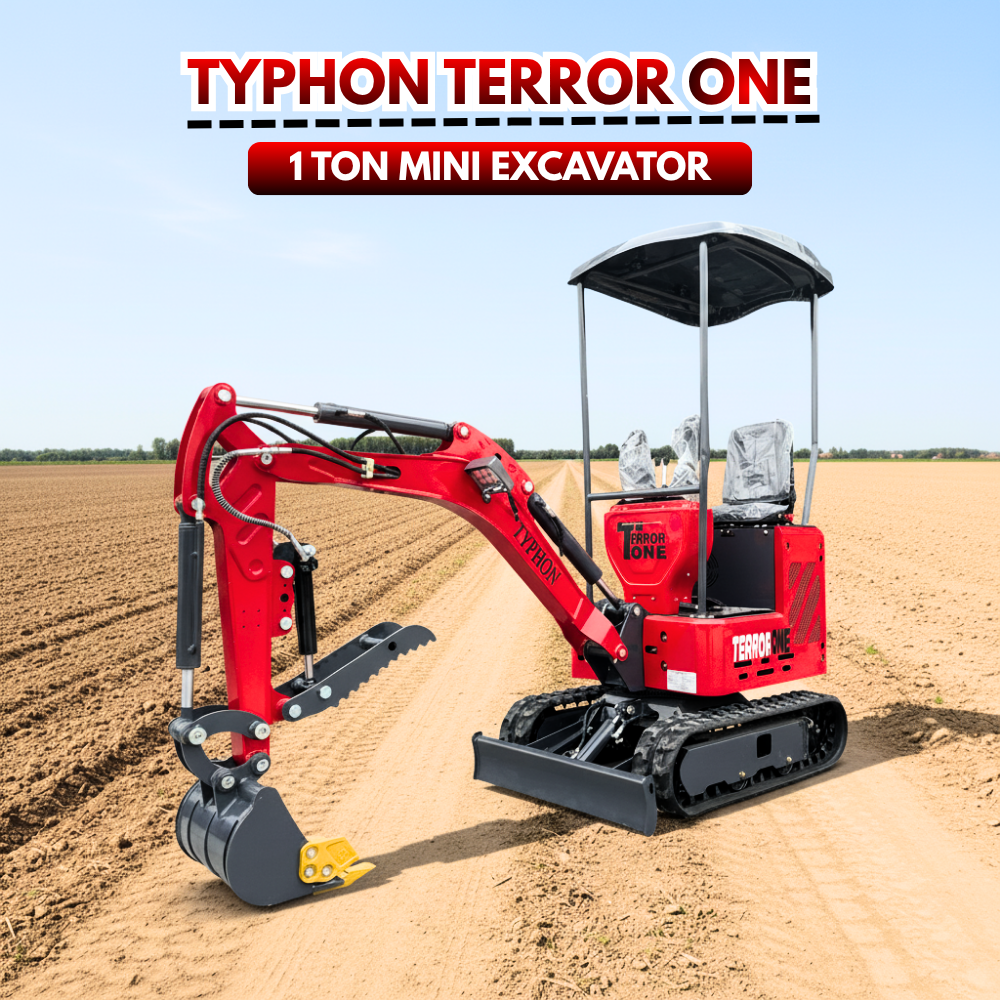 TYPHON TERROR ONE STORM Mini Excavator 1 Ton Trench Digger with Canopy, Hydraulic Oil Cooler, Hydraulic Thumb Clip, Bucket, 13.5hp B&S Gas Engine USA