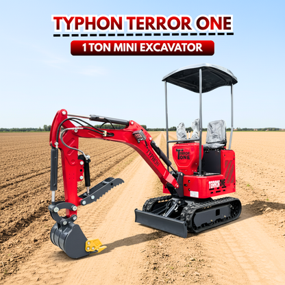 TYPHON TERROR ONE STORM Mini Excavator 1 Ton Trench Digger with Canopy, Hydraulic Oil Cooler, Hydraulic Thumb Clip, Bucket, 13.5hp B&S Gas Engine USA