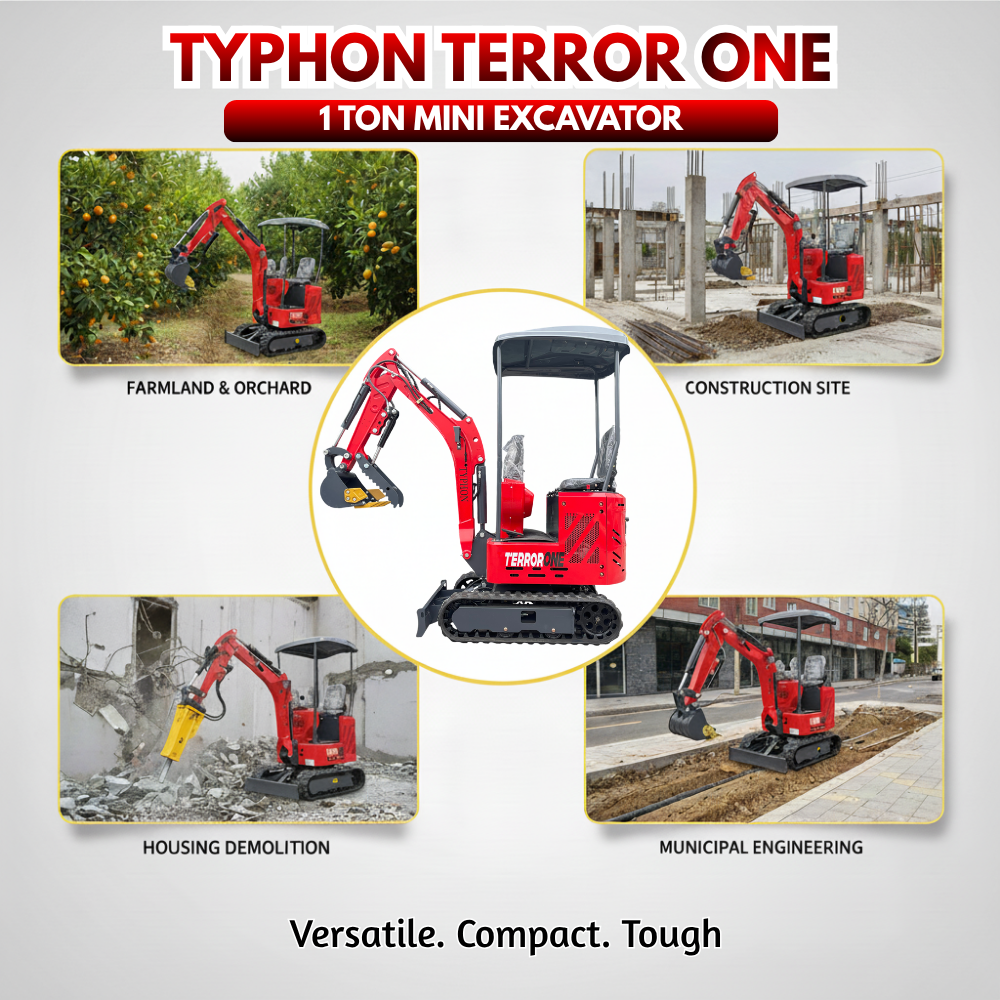 TYPHON TERROR ONE STORM Mini Excavator 1 Ton Trench Digger with Canopy, Hydraulic Oil Cooler, Hydraulic Thumb Clip, Bucket, 13.5hp B&S Gas Engine USA