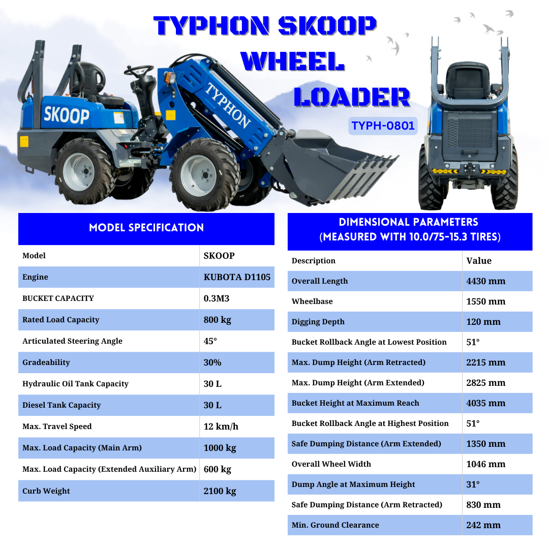 TYPHON SKOOP Wheel Loader with Kubota D1105 diesel engine 25 hp 1 ton Load USA