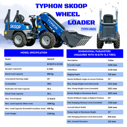 TYPHON SKOOP Wheel Loader with Kubota D1105 diesel engine 25 hp 1 ton Load USA