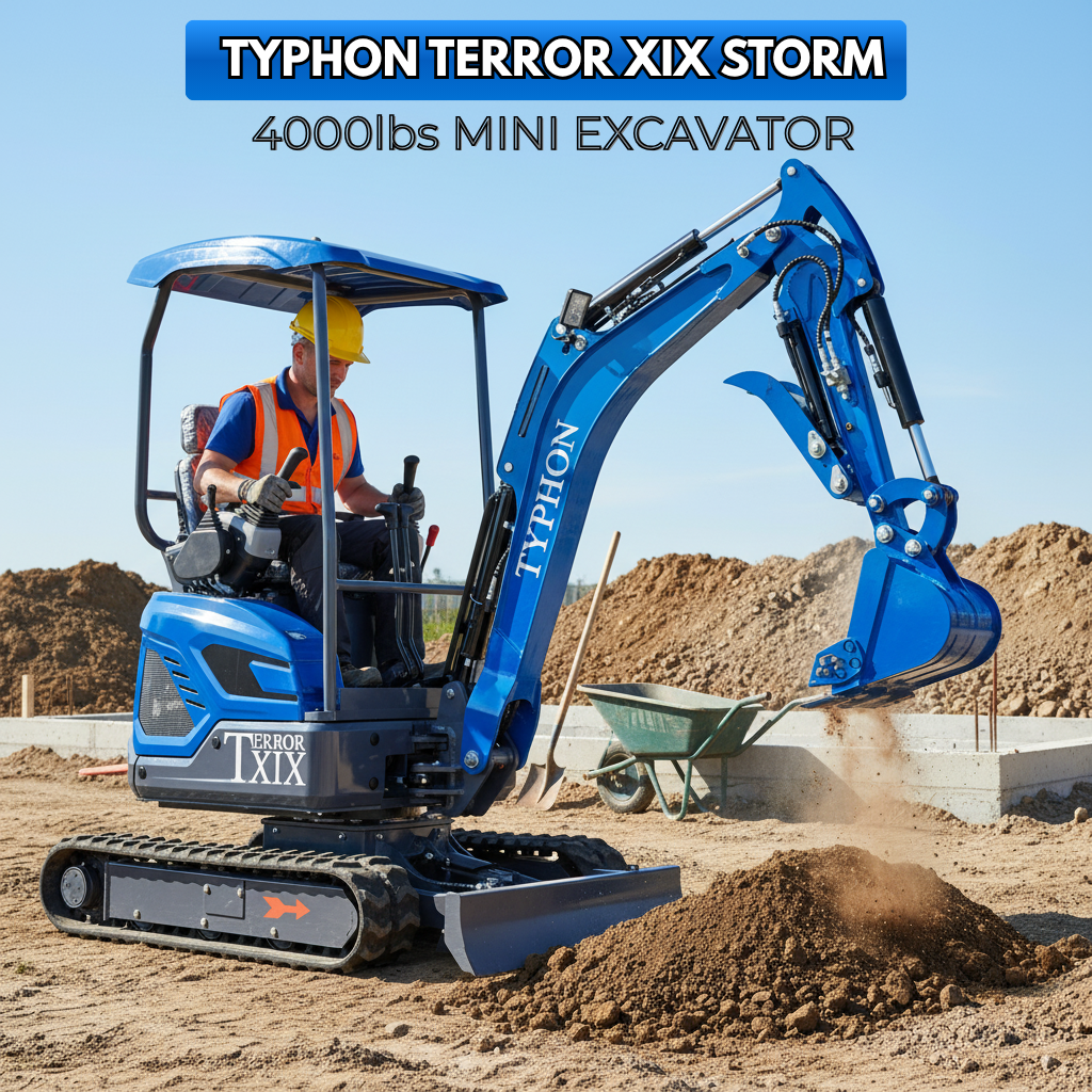 New TYPHON TERROR XIX STORM Mini Excavator 4000lbs 20.4hp Kubota D902 engine  Trench Digger with Boom Swing, Canopy, Retractable Tracks