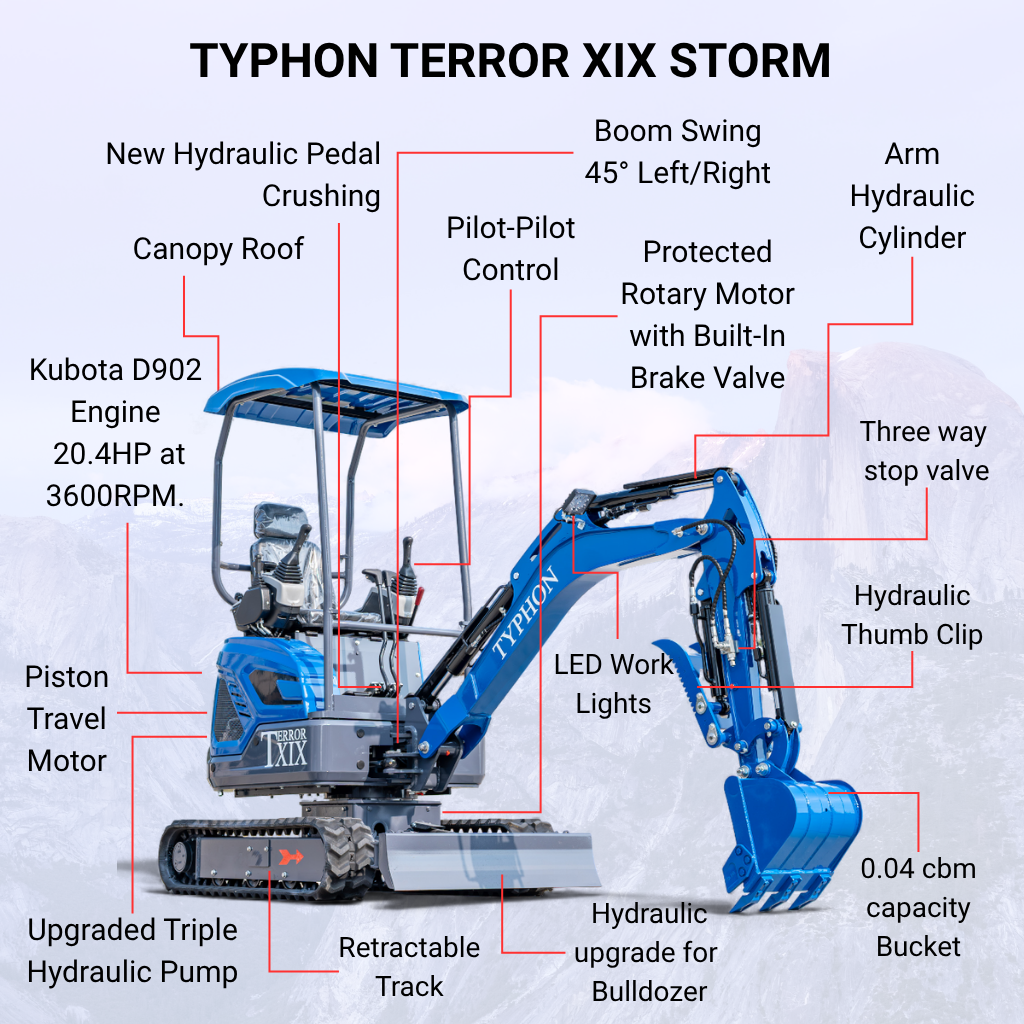 New TYPHON TERROR XIX STORM Mini Excavator 4000lbs 20.4hp Kubota D902 engine  Trench Digger with Boom Swing, Canopy, Retractable Tracks