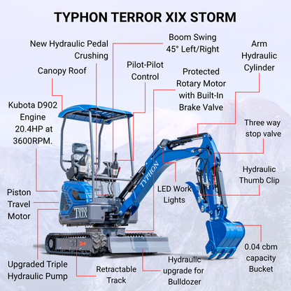 New TYPHON TERROR XIX STORM Mini Excavator 4000lbs 20.4hp Kubota D902 engine  Trench Digger with Boom Swing, Canopy, Retractable Tracks