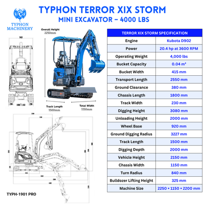 New TYPHON TERROR XIX STORM Mini Excavator 4000lbs 20.4hp Kubota D902 engine  Trench Digger with Boom Swing, Canopy, Retractable Tracks