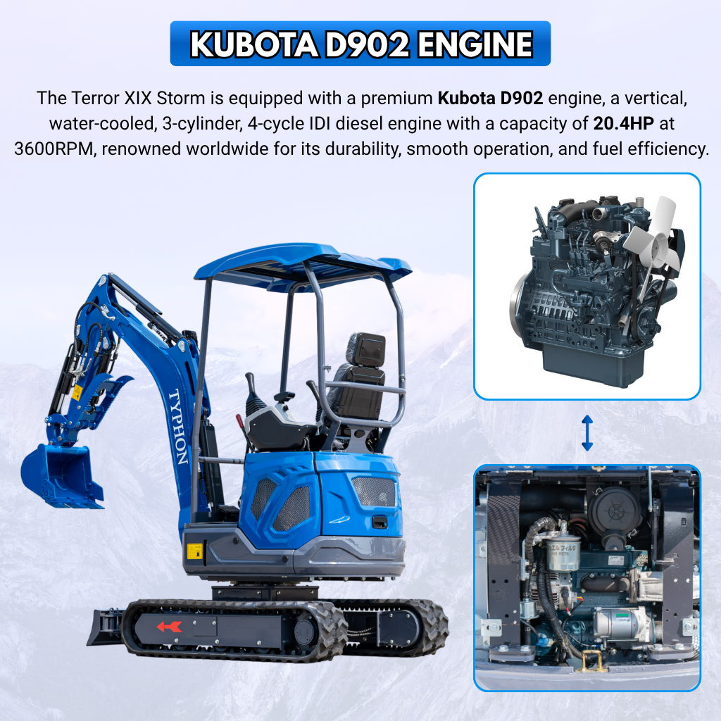 New TYPHON TERROR XIX STORM Mini Excavator 4000lbs 20.4hp Kubota D902 engine  Trench Digger with Boom Swing, Canopy, Retractable Tracks