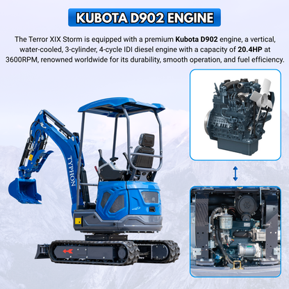 New TYPHON TERROR XIX STORM Mini Excavator 4000lbs 20.4hp Kubota D902 engine  Trench Digger with Boom Swing, Canopy, Retractable Tracks