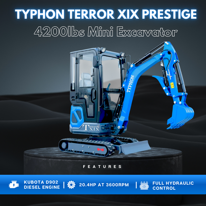 TYPHON TERROR XIX Prestige, 20.4 HP Kubota D902 4200lbs Mini Excavator with Boom Swing, Retractable Tracks, and Heater Cabin