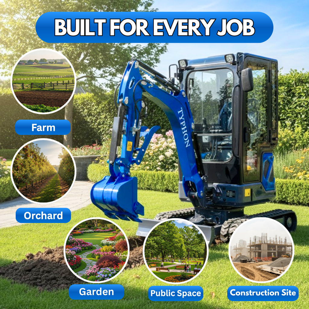 TYPHON TERROR XIX Prestige, 20.4 HP Kubota D902 4200lbs Mini Excavator with Boom Swing, Retractable Tracks, and Heater Cabin