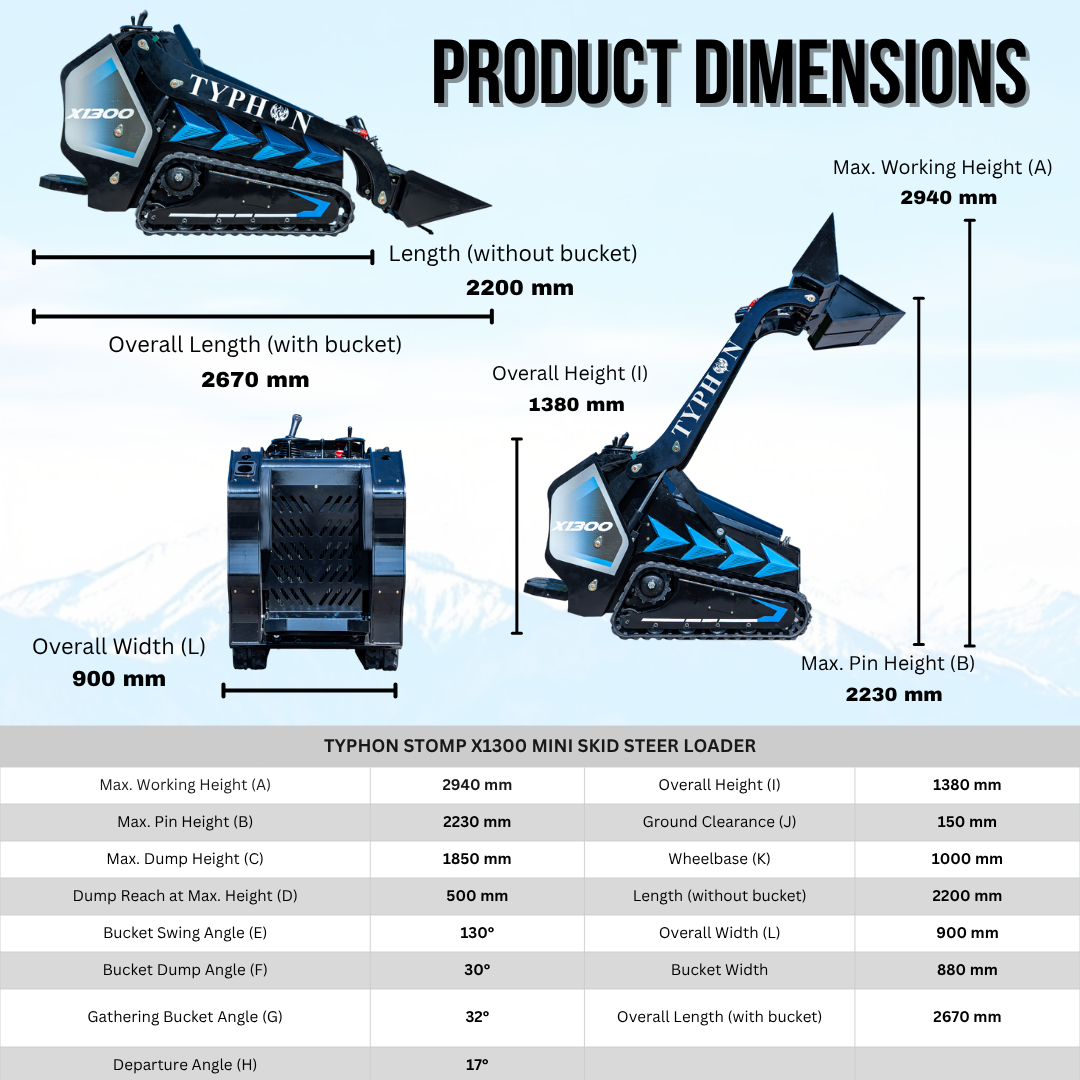 TYPHON STOMP X1300 Mini Skid Steer Loader with Kubota D1105 25hp Engine and Advance Hydraulic Systems