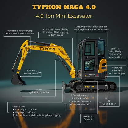 TYPHON NAGA 4.0 Mini Excavator 4-Ton Class with YANMAR 3TNV88F Engine, Zero Tail Swing, High Breakout Force, Advanced Hydraulics & Operator-Friendly Cabin