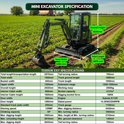 TYPHON TERROR XXV Prestige Mini Excavator 2.7Ton, Kubota D1105 25.1 HP, Comfortable Cabin with AC & Heater, Retractable Track, Boom Swing