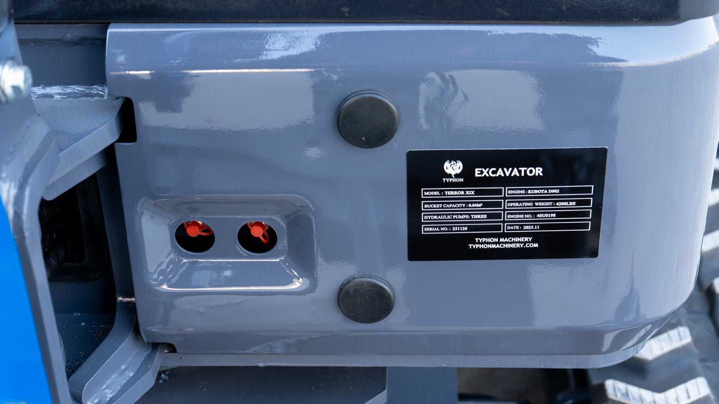 TYPHON TERROR XIX Prestige, 20.4 HP Kubota D902 4200lbs Mini Excavator with Boom Swing, Retractable Tracks, and Heater Cabin